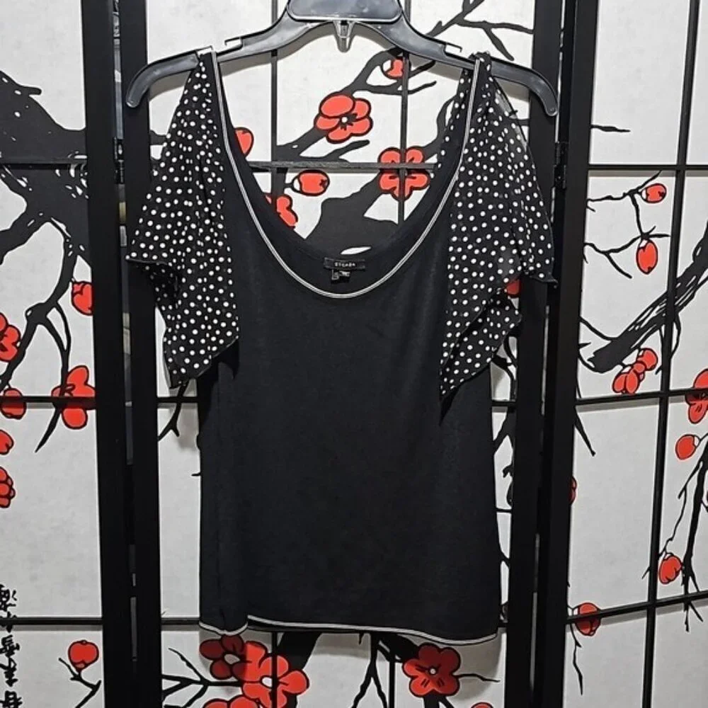 Escada Polkadot Silk Open Sleeve Blouse Top Size Large
